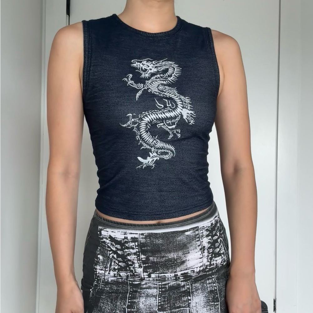 Jaded London Black Sleeveless Top with White Dragon